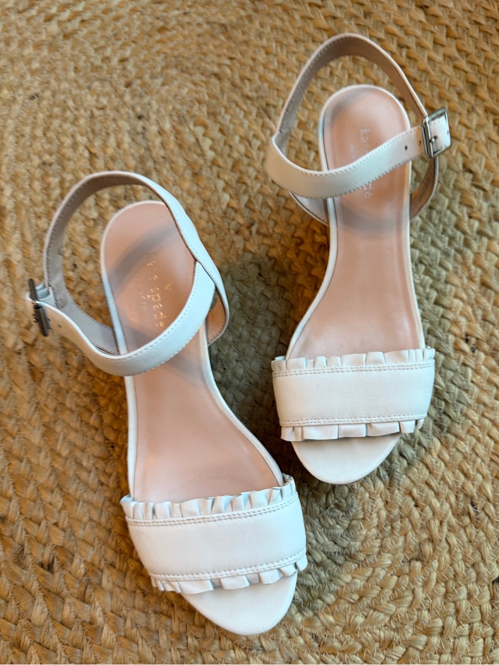 Kate Spade Tomas White Leather Ruffle Front Cork Wedge adjustable sandals new